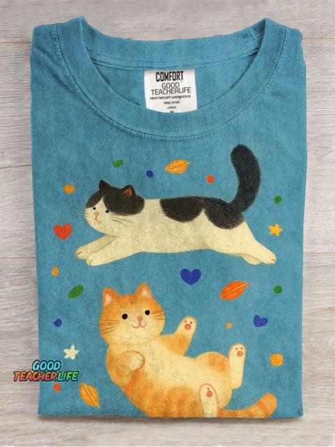 Cute Cartoon Cat Casual Printed T-Shirt