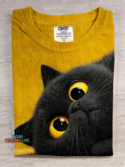 Cute Black Fat Kitten Casual Printed T-Shirt