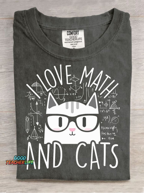 Math Cat Teacher Casual Print T-Shirt