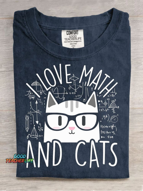 Math Cat Teacher Casual Print T-Shirt