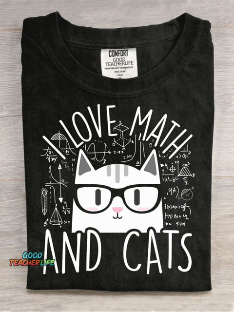 Math Cat Teacher Casual Print T-Shirt