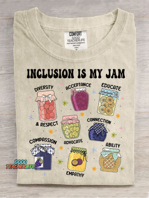 Inclusion Is My Jam Teacher Casual Print T-Shirt