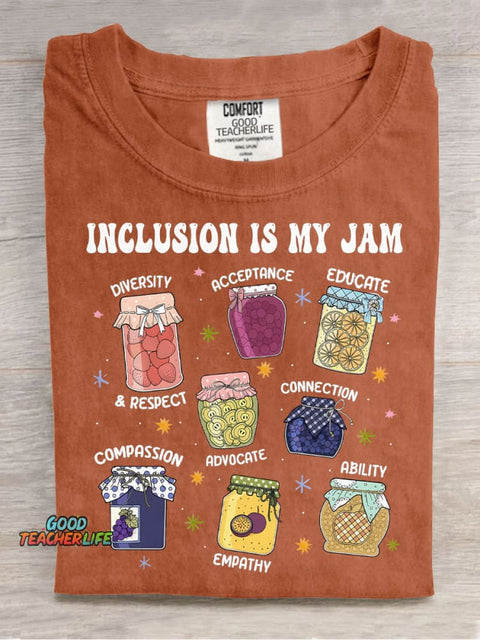 Inclusion Is My Jam Teacher Casual Print T-Shirt