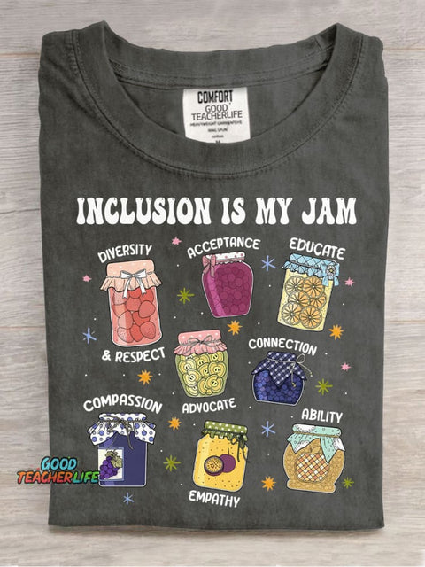 Inclusion Is My Jam Teacher Casual Print T-Shirt