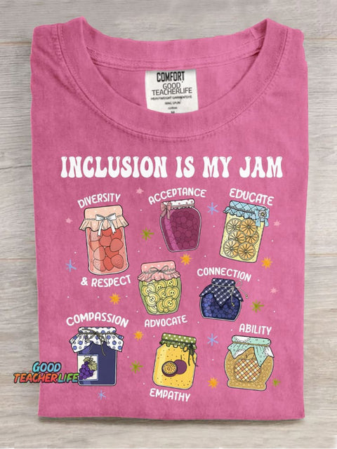 Inclusion Is My Jam Teacher Casual Print T-Shirt