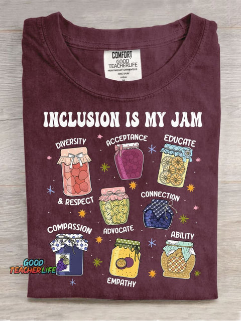 Inclusion Is My Jam Teacher Casual Print T-Shirt