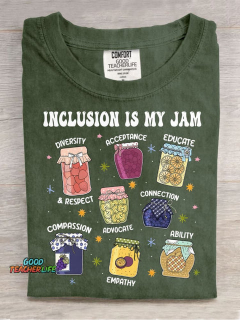 Inclusion Is My Jam Teacher Casual Print T-Shirt