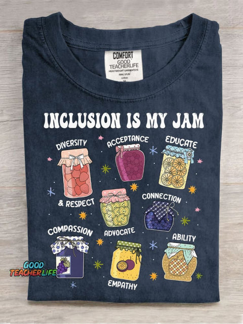 Inclusion Is My Jam Teacher Casual Print T-Shirt