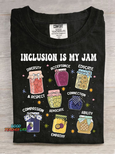 Inclusion Is My Jam Teacher Casual Print T-Shirt