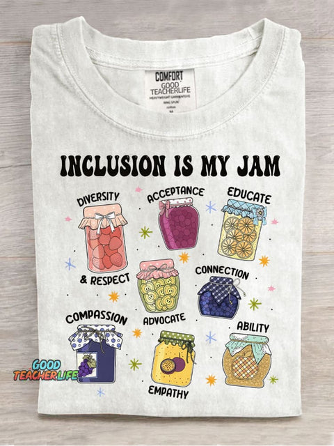 Inclusion Is My Jam Teacher Casual Print T-Shirt