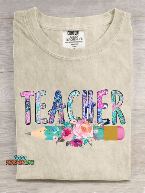 Floral Art Teacher Casual Print T-Shirt