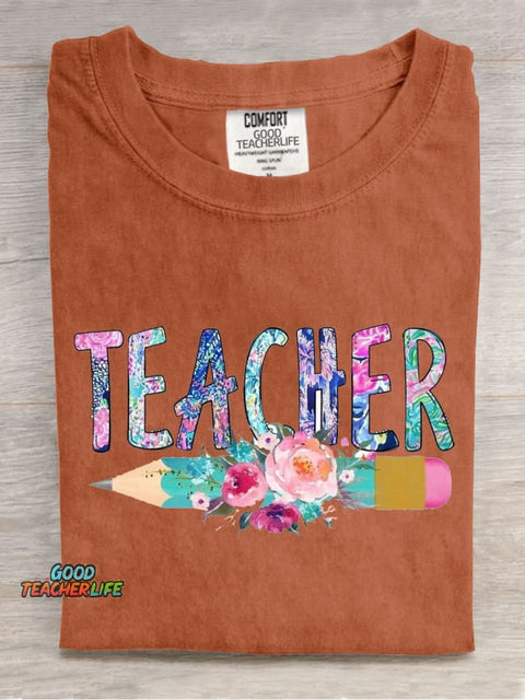Floral Art Teacher Casual Print T-Shirt