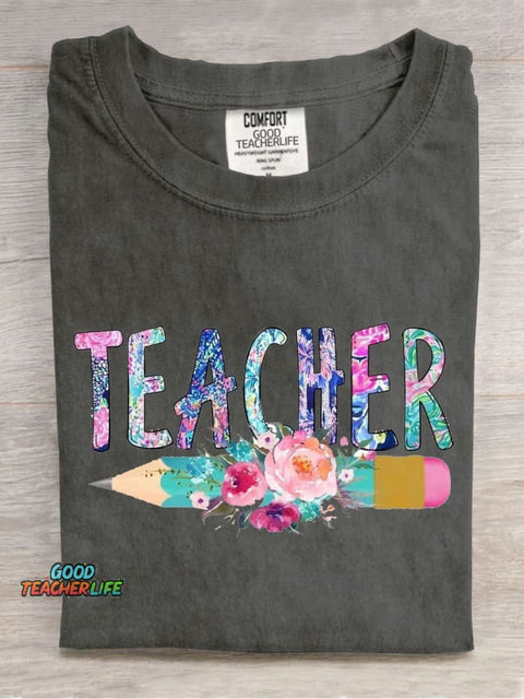 Floral Art Teacher Casual Print T-Shirt