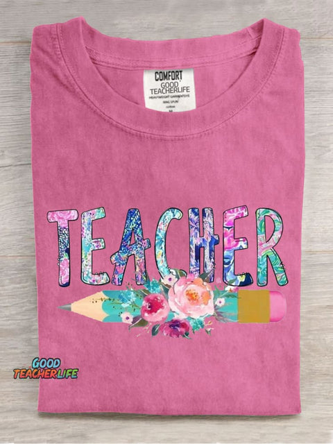 Floral Art Teacher Casual Print T-Shirt