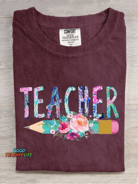 Floral Art Teacher Casual Print T-Shirt