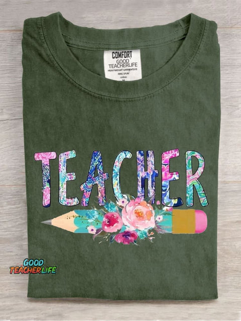 Floral Art Teacher Casual Print T-Shirt