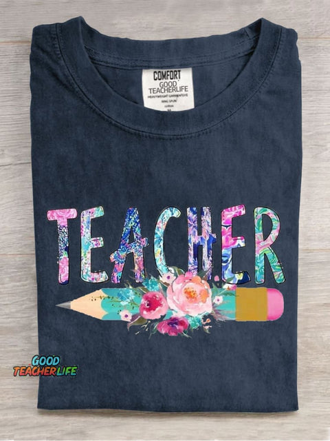 Floral Art Teacher Casual Print T-Shirt