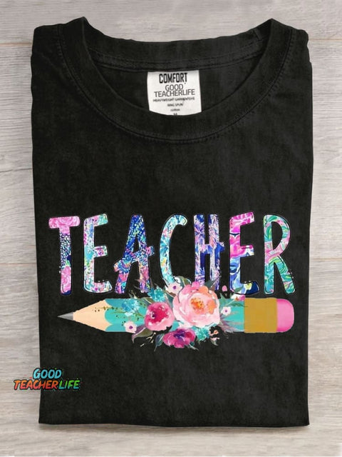 Floral Art Teacher Casual Print T-Shirt