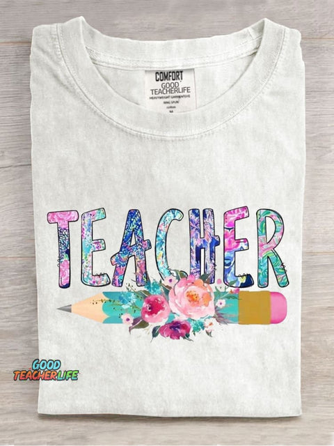Floral Art Teacher Casual Print T-Shirt