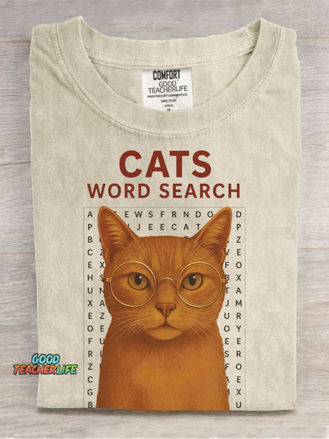 Cats Word Search Casual Print T-Shirt