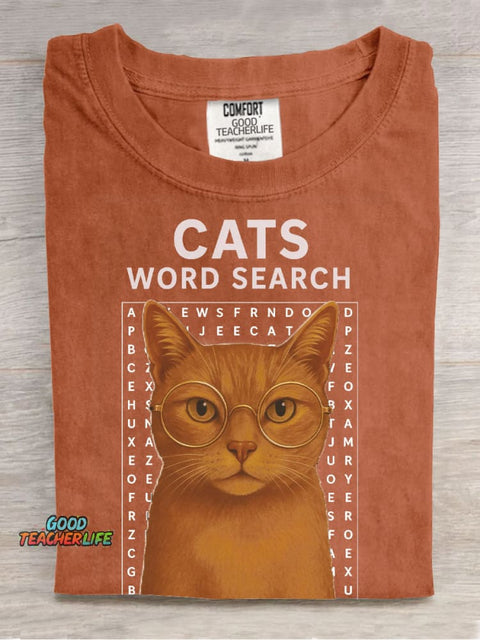 Cats Word Search Casual Print T-Shirt
