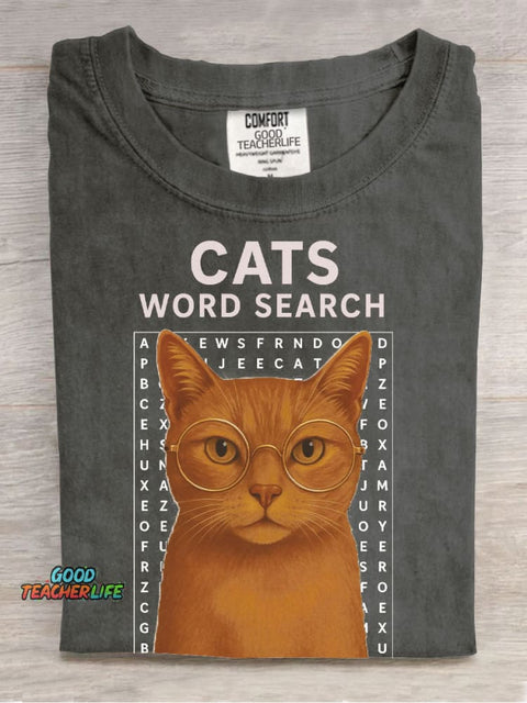 Cats Word Search Casual Print T-Shirt