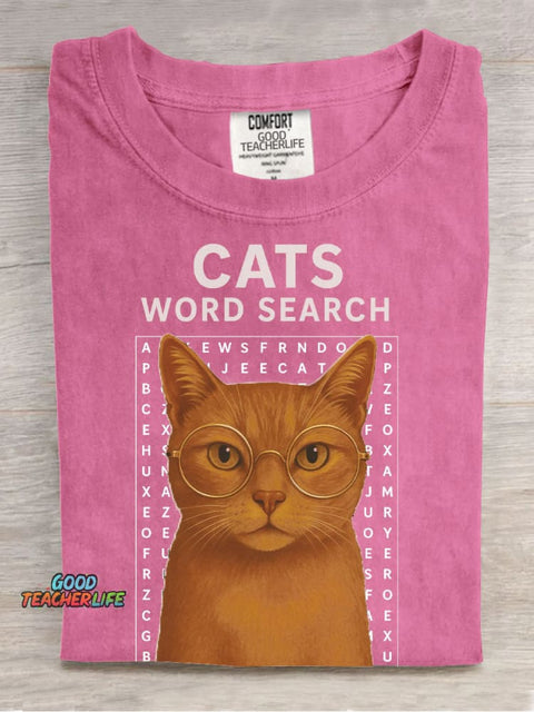 Cats Word Search Casual Print T-Shirt