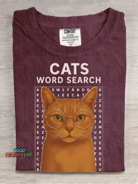 Cats Word Search Casual Print T-Shirt