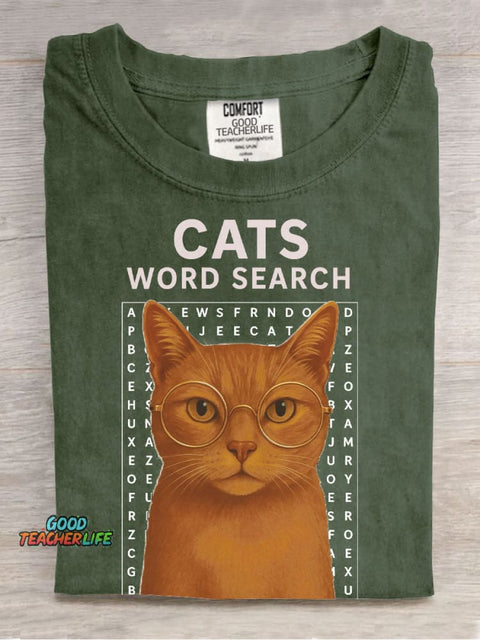 Cats Word Search Casual Print T-Shirt