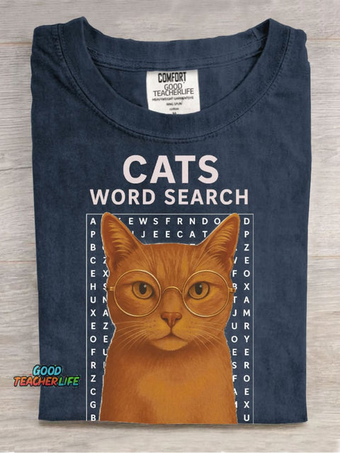 Cats Word Search Casual Print T-Shirt