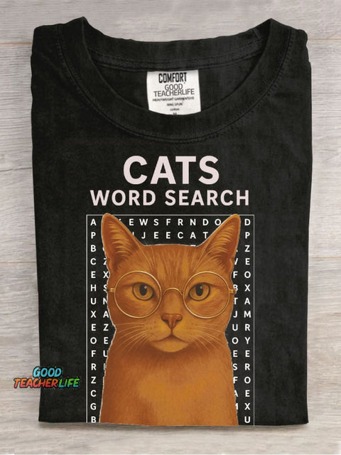 Cats Word Search Casual Print T-Shirt