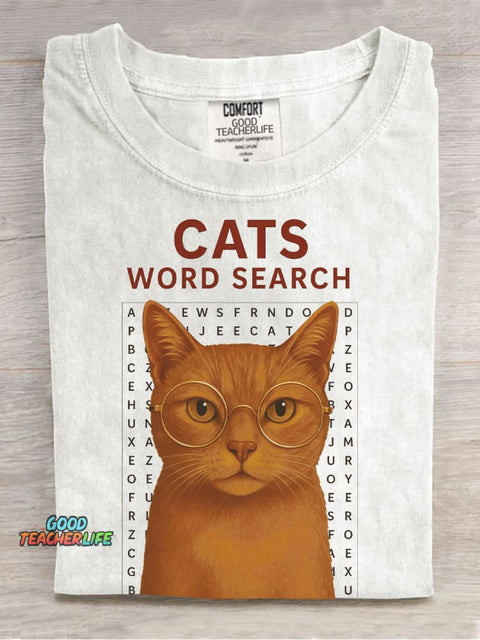 Cats Word Search Casual Print T-Shirt