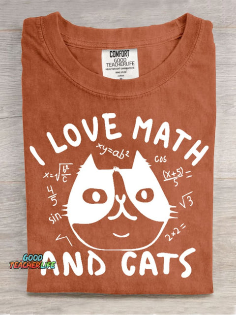 I Love Math and Cats Casual Print T-Shirt