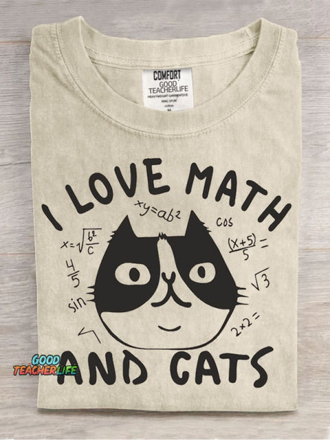 I Love Math and Cats Casual Print T-Shirt