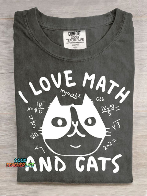 I Love Math and Cats Casual Print T-Shirt
