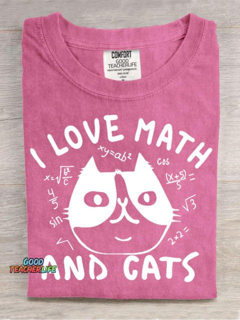 I Love Math and Cats Casual Print T-Shirt