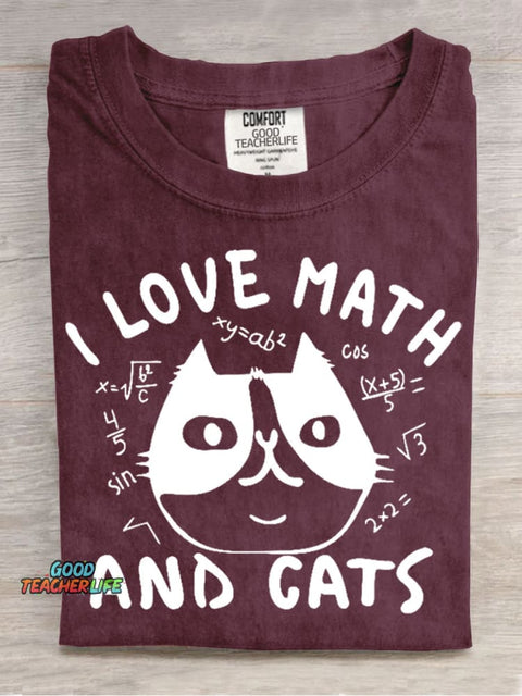 I Love Math and Cats Casual Print T-Shirt