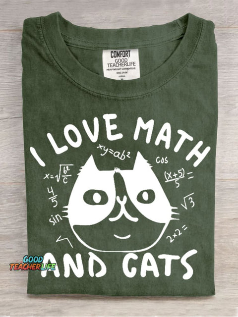I Love Math and Cats Casual Print T-Shirt