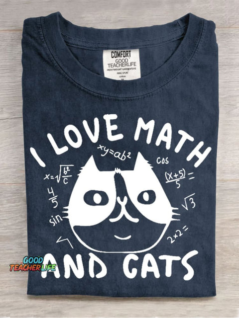 I Love Math and Cats Casual Print T-Shirt