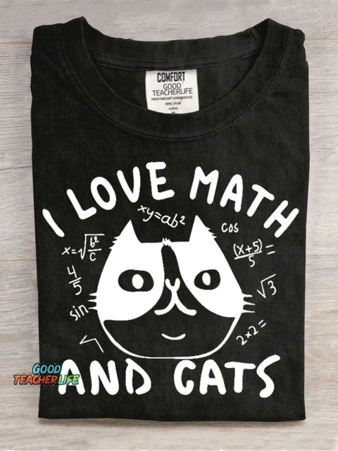 I Love Math and Cats Casual Print T-Shirt