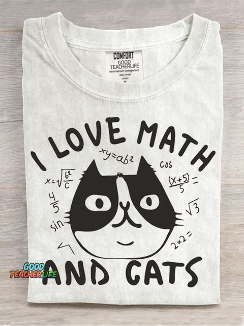 I Love Math and Cats Casual Print T-Shirt