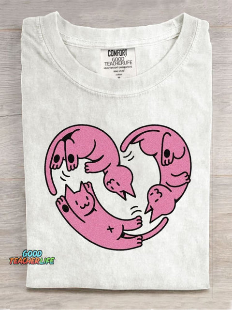 Cute Love Cats Casual Print T-Shirt