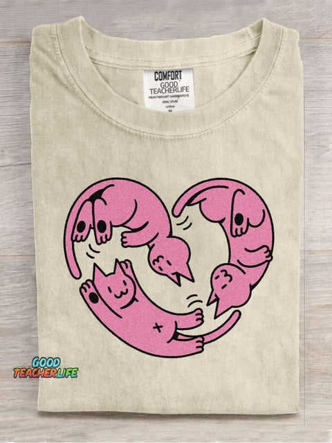 Cute Love Cats Casual Print T-Shirt