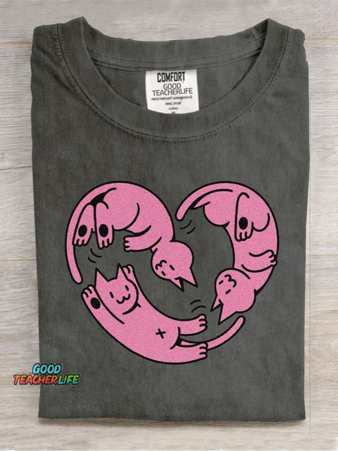 Cute Love Cats Casual Print T-Shirt