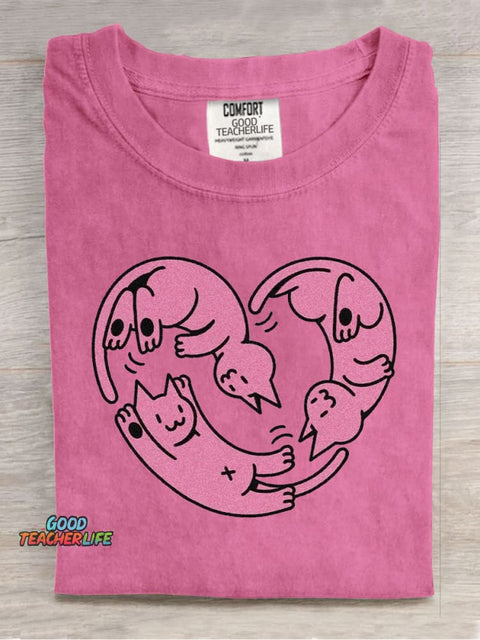 Cute Love Cats Casual Print T-Shirt