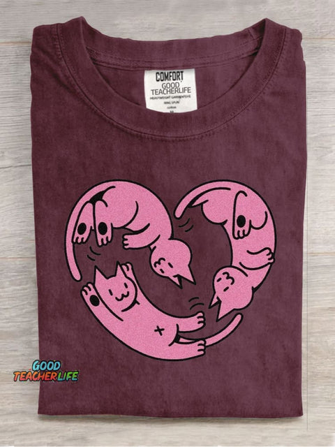 Cute Love Cats Casual Print T-Shirt