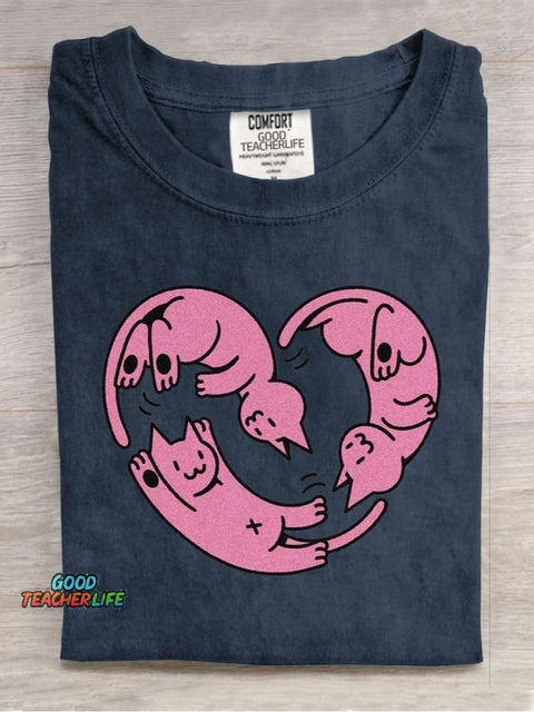 Cute Love Cats Casual Print T-Shirt