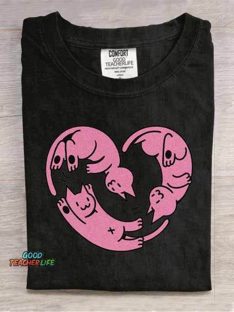 Cute Love Cats Casual Print T-Shirt