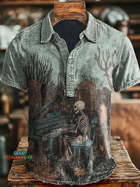 Fantasy Skull Pianist Print Casual Short Sleeve T-Shirt