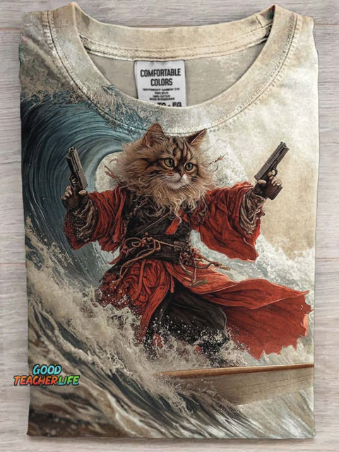 Surfing Captain Cat Print Casual Short Sleeve T-Shirt